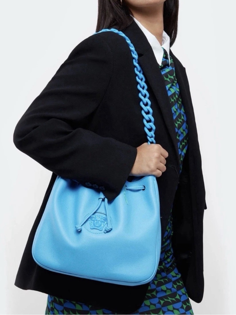 Versace La Medusa Blue Textured Leather Bucket Bag Gold Hardware Chain Strap
